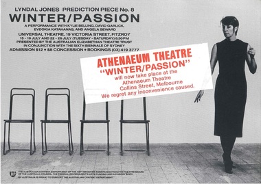 Flyer, Poster & newspaper article, Prediction Piece 8: Winter/Passion Lyndal Jones performed at the Athenaeum 2 commencing 15th July 1986