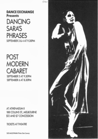 Theatre flyers, Dancing Sara's Phrases (post-modern cabaret) performed at the Athenaeum 2 commencing 3 September 1987