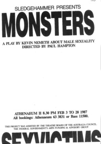 Theatre Program, Monsters (play) By Kevin Nemeth performed at the Athenaeum 2 commencing 3 February 1987