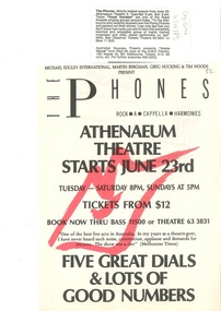 coloured flyer and newspaper article, The Phones (music) by Michael Edgley International performed at the Athenaeum Theatre commencing 23 June 1987