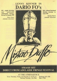 Large Flyer, Mistero Buffo (play) by Dario Fo performed at the Athenaeum Theatre Two commencing 12 May 1988 commencing Thursday 12 May 1988