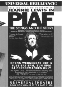 Newsletter advertisement, Piaf (musical) performed at the Universal Theatre commencing 15 October 1988