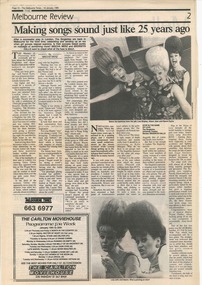 Newspaper Cutting, The Fabulous Singlettes (musical) performed at the Universal Theatre commencing 11 January 1989