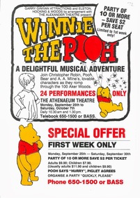Theatre Program, Winnie the Pooh (MUSICAL)by Alexandra theatre  performed at the Athenaeum Theatre commencing 25 September 1989