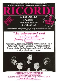 small poster, Ricordi (play) Glenn Elston, Greg Hocking present The acclaimed Doppio Teatrios Production performed at the Athenaeum Theatre 2 commencing 5 September 1990
