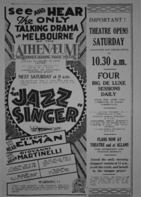 Poster, The Jazz Singer (film with sound), a film by Warner Brothers shown at the Athenaeum Theatre on the 2nd of February 1929