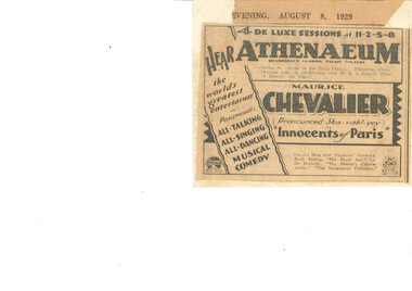 Newspaper Advertisement, Innocents of Paris (film) shown at the Athenaeum Theatre in 1929