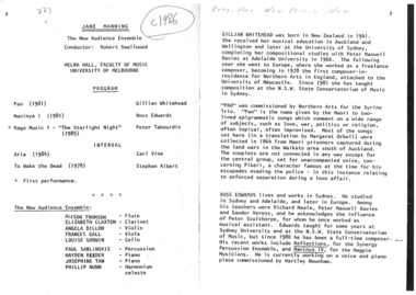 Concert Program, Now Music Now (orchestral) by Jane Manning performed at Melba Hall, Faculty of Music, University of Melbourne circa 1986