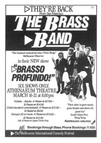 Theatre Program, Brasso Profundo (musical) performed at the Athenaeum Theatre commencing 16 March 1987