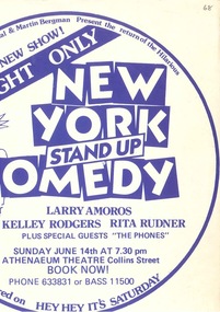 small poster, New York Stand Up Comedy (comedy) by Michael Edgley and Martin Bergman performed at the Athenaeum Theatre on 14 June 1987