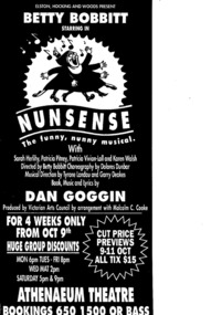 Theatre Program, Nunsense (musical) by  Dan Goggin performed at the Athenaeum Theatre commencing 9 October 1990