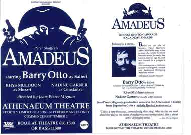 Theatre Flyer, Amadeus (play) by Peter Shaffer performed at Athenaeum Theatre commencing 8 September 1994