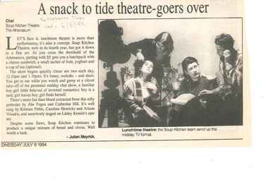 Newspaper Review and Flyer, Chat - The Musical (play) by Soup Kitchen Theatre commencing 20 June 1994 at Athenaeum Theatre Two