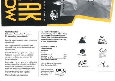 Theatre Flyer, Freak Show (play)by Back to Back Theatre and Circus OZ performed at Athenaeum Theatre Two, Melbourne commencing November 1995