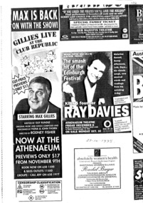 Newspaper Advertisement, Gillies Live at the Club Republic (comedy)By Guy Rundle performed at Athenaeum Theatre preview commencing 9 November 1995