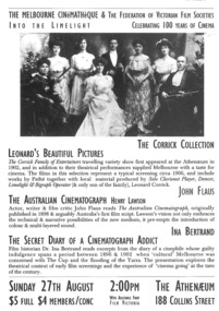 Theatre Flyer, Into the Limelight presented by the Melbourne Cinematheque and the Federation of Victorian Film Societies, on 27th August 1995 at the Athenaeum