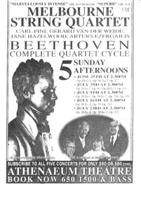 Theatre Flyer, Beethoven Complete Quartet Cycle (musical performance)performed by Melbourne String Quartet at Athenaeum Theatre commencing 25 June 1995