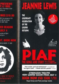 Theatre Flyer, Piaf (musical biography) performed by Jeanne Lewis at Athenaeum Theatre commencing 4 July 1995