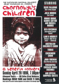 Theatre Flyer, Chernobyl's Children, a benefit concert for Australian Chernobyl Children's Relief Foundation Inc, performed at Athenaeum Theatre on 28 April 1996
