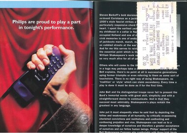 Theatre Program and Ticket, Coriolanus (play) performed at Athenaeum Theatre commencing 15 October 1996 as part of Melbourne International Festival of the Arts presented by Bell Shakespeare Company