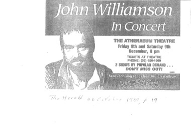 Theatre Flyer, John Williamson in Concert (music) performed at Athenaeum Theatre commencing 8 December 1989