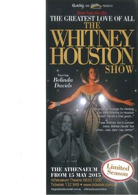 Theatre Flyer, The Greatest Love Of All - The Whitney Houston Show (musical) starring Belinda Davids performing at the Athenaeum from 15 May 2015
