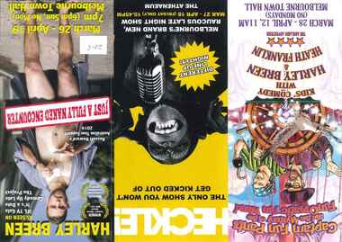 Theatre Flyer, Heckle! (comedy) was to be performed at the Athenaeum commencing 27 March 2015 as part of Comedy Festival