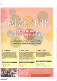 Theatre Program, GALAs 2015: In Five. A Gala Debate on 2020 (debate) held at Athenaeum Theatre on 9 February 2015 to mark the Wheeler Centre's fifth birthday