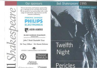 Theatre Program, Pericles (play) performed at Athenaeum Theatre commencing 30 May 1995