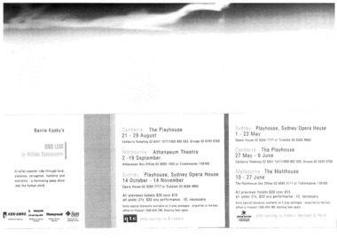 Theatre Flyer, King Lear (play) performed at Athenaeum Theatre commencing 2 September 1998, directed by Barrie Kosky