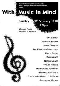 Theatre Program, With Music in Mind (concert) performed at Athenaeum Theatre on 22 February 1998 starring Tony Barber