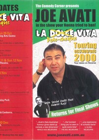 Theatre Flyer, 'La Dole-Cheque Vita' performed by Joe Avati at Melbourne Athenaeum commencing 11 December 2000