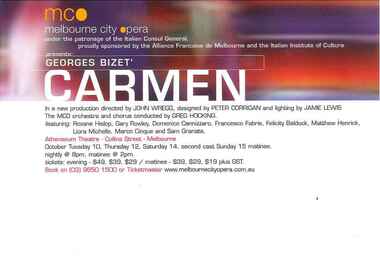 Theatre Flyer, Carmen (opera) performed by Melbourne City Opera at Athenaeum Theatre commencing 10 October  2006