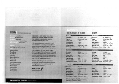 Theatre Flyer, Henry V (play) performed at Athenaeum Theatre commencing 27 August 1999 by Bell Shakespeare Company, playwright William Shakespeare