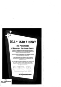 Theatre Flyer, Is Shakespeare literature or theatre? (free public forum) presented by Barrie Kosky and John Bell on September 10 1998 at The Athenaeum