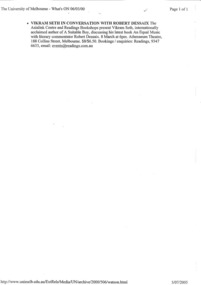 internet printout, Vikram Seth in conversation with Robert Dessaix at Athenaeum Theatre on 8 March 2000
