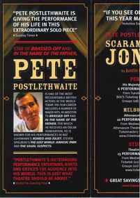 Theatre Program, Scaramouche Jones (play) performed at Athenaeum Theatre commencing 18 June 2003 performed by Pete Postlethwaite and written by Justin Butcher
