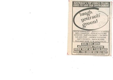 Newspaper Advertisement, Laugh Yourself Green (comedy) Athenaeum Theatre 20 November 1994 Trevor Marmalade