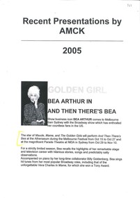 Theatre Flyer, And Then There's Bea (spoken word) performed at Athenaeum Theatre as part of Melbourne International Festival of the Arts commencing 17 October 2002
