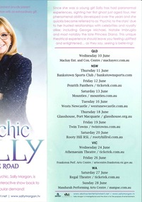 Theatre Flyer, Psychic Sally On The Road Australia (interactive show) performed at Athenaeum Theatre 24 June 2015.  Sally Morgan & her psychic services are investigational & for the purpose of entertainment