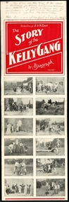 Theatre Poster, The Story of the Kelly Gang - a 1906 Australian film that traces the life of the legendary infamous outlaw and bushranger Ned Kelly (1854–1880). It was directed by Charles Tait.  It was first shown at the Athenaeum Hall in Melbourne on 26 December 1906