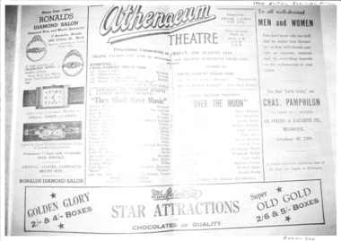 Reproduction of theatre program, They Shall Have Music (film 1939) plus Over the Moon (film 1939) screened at Athenaeum Theatre 30 August 1940