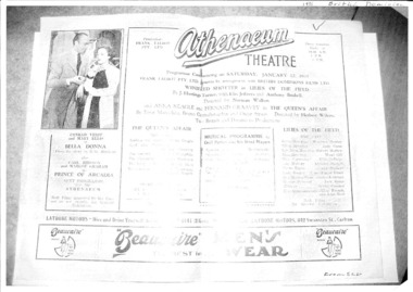 Theatre Program facsimile, The Queen's Affair (renamed Runaway Queen) starring Anna Neagle plus Lilies of the Field starring Winifred Shotter (1934 films) screened at Athenaeum Theatre commencing 12 January 1935