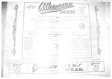 Theatre Program facsimile, Girls Please! (1934 film starring Sydney Howard) plus Escape Me Never (1935 film starring Elisabeth Bergner) screened at Athenaeum Theatre commencing 2 August 1935