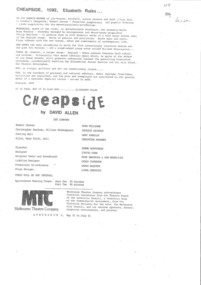 Theatre Program, Cheapside (play) performed at Athenaeum Theatre Two commencing 31 May 1984 written by David Allen