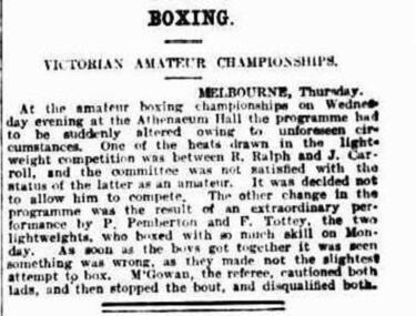 newspaper article, Victorian Amateur Championships (Boxing) held at Athenaeum Hall on 5 October 1904