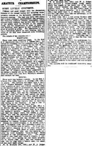 newspaper article, Amateur Championships - some lively contests - wrestling and boxing - Victorian Amateur Athletic Association - Melbourne Athenaeum - 3 July 1915
