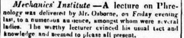 newspaper article, A lecture on phrenology delivered by Mr Osborne at Melbourne Mechanics' Institute - article dated 22 September 1840