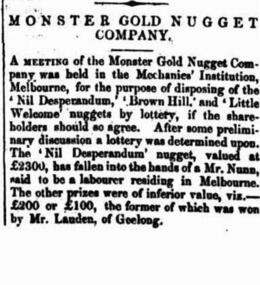 newspaper article, Monster Gold Nugget Company meeting held in Melbourne Mechanics' Institution