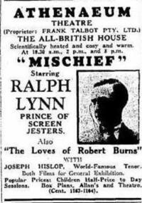 Newspaper article, Ralph Lynn in 'Mischief' (film) screened at Melbourne Athenaeum - The Argus 16 May 1932